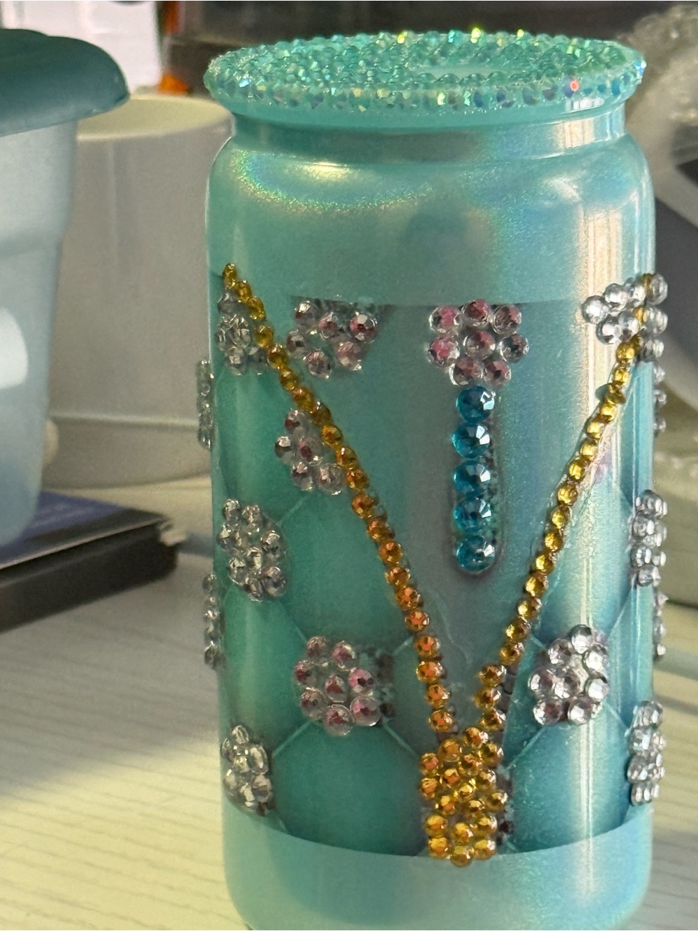 Hand-Embellished Turquoise Decorative glass cup with straw